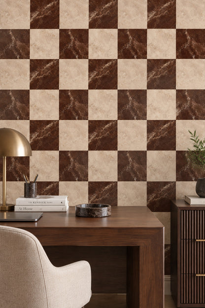 Brown And Beige Marble Checkerboard Wallpaper Stone Tile Pattern