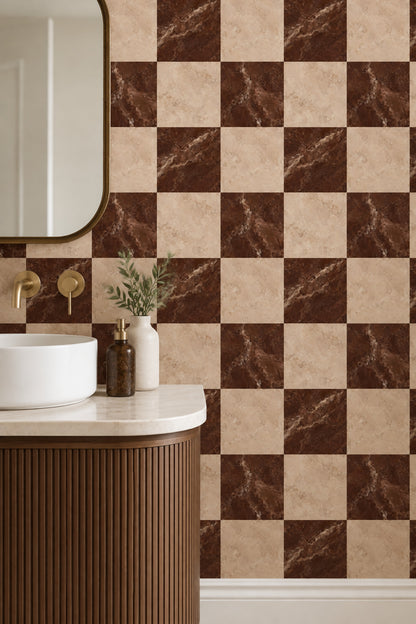 Brown And Beige Marble Checkerboard Wallpaper Stone Tile Pattern