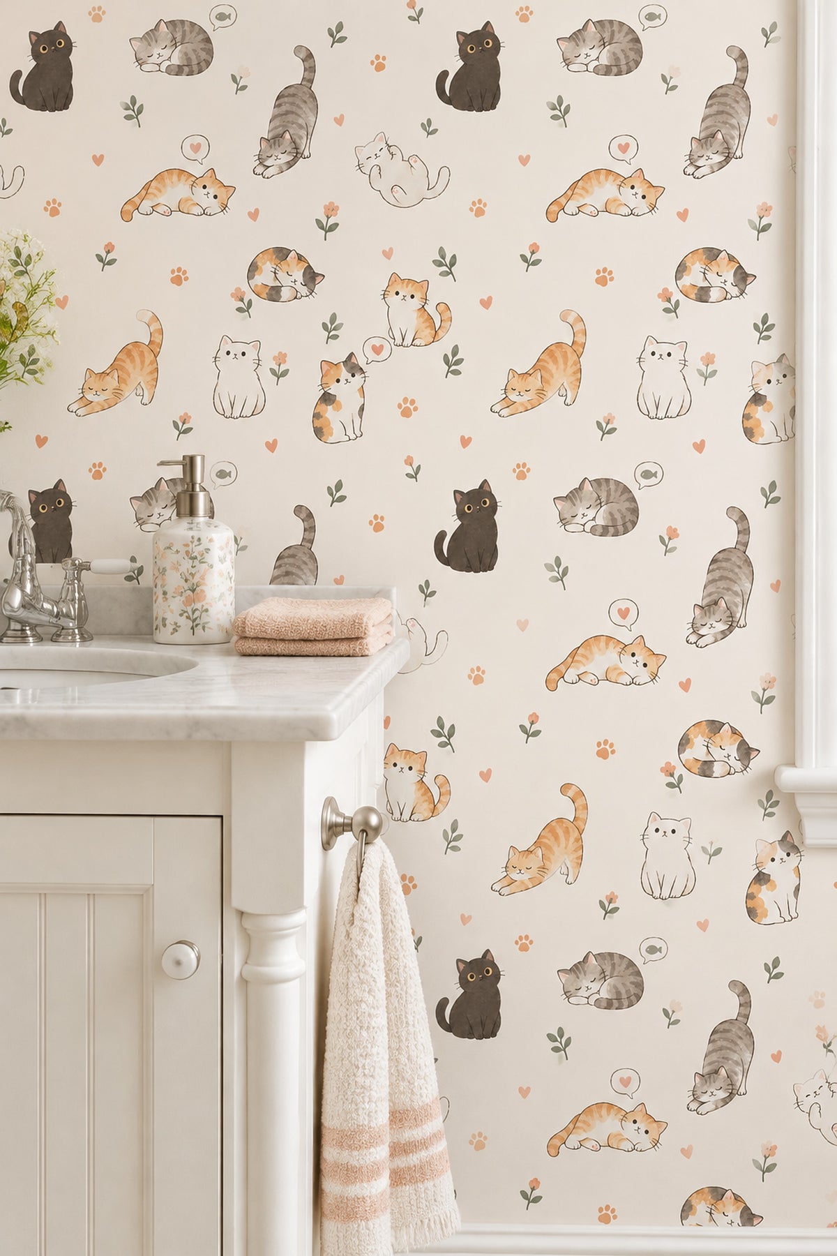 Cute Cats Wallpaper Watercolor Cream Background