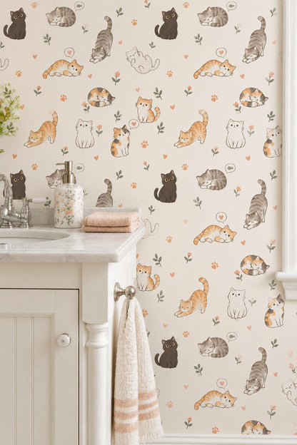 Cute Cats Wallpaper Watercolor Cream Background