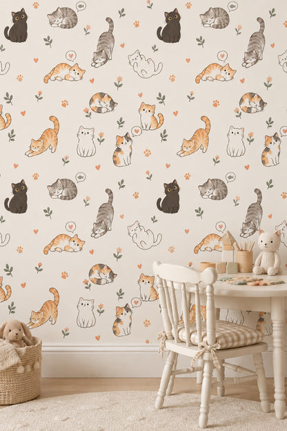 Cute Cats Wallpaper Watercolor Cream Background