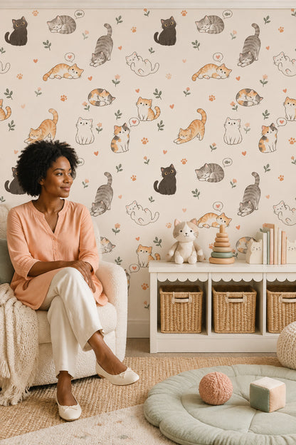 Cute Cats Wallpaper Watercolor Cream Background