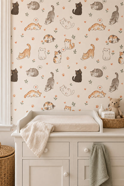 Cute Cats Wallpaper Watercolor Cream Background