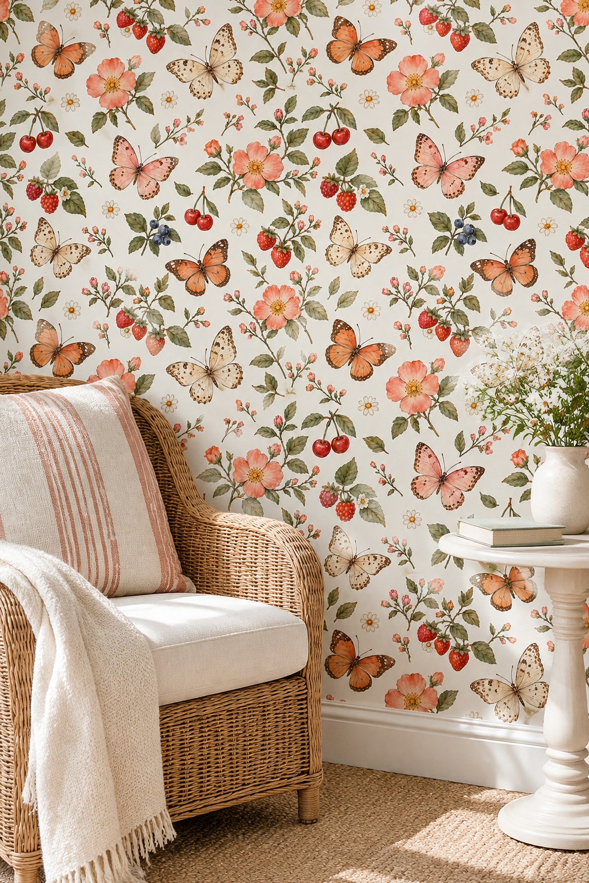 Butterflies And Berries Wallpaper Watercolor Floral On Cream