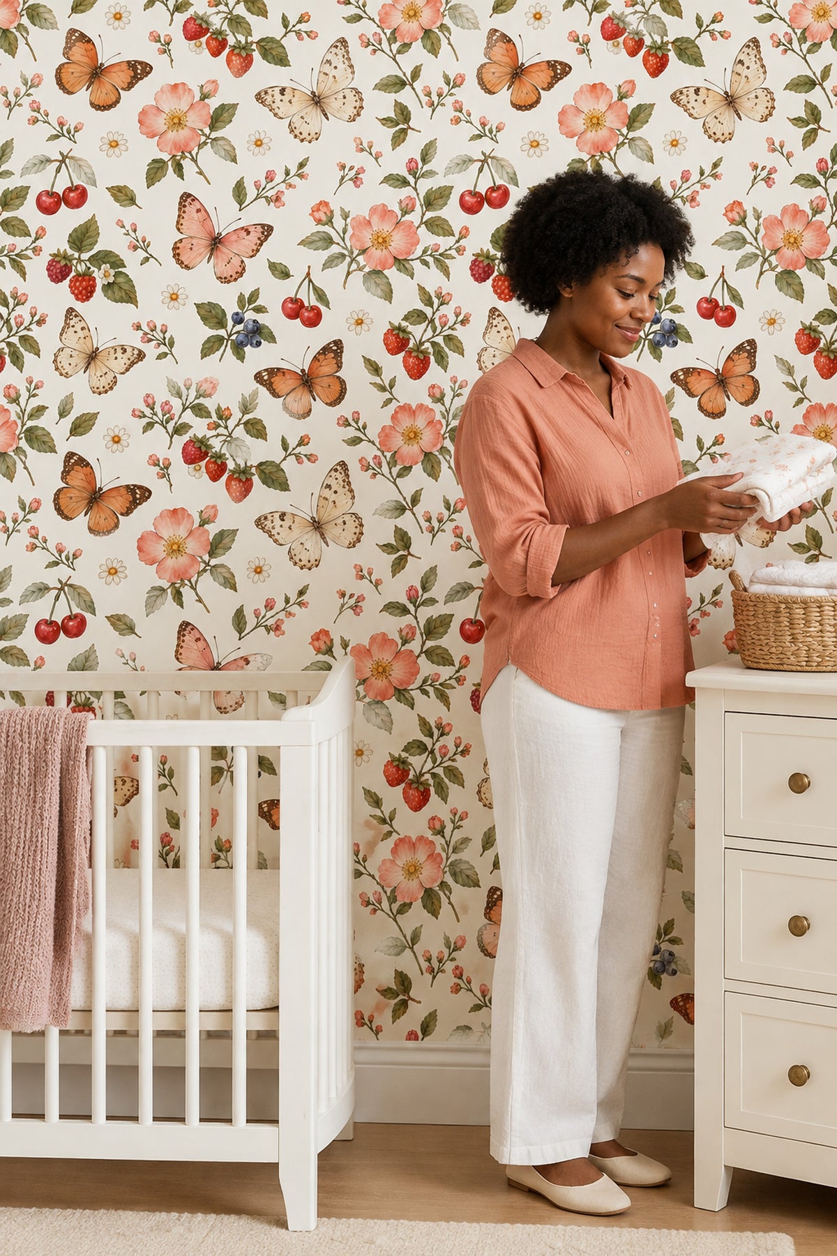 Butterflies And Berries Wallpaper Watercolor Floral On Cream