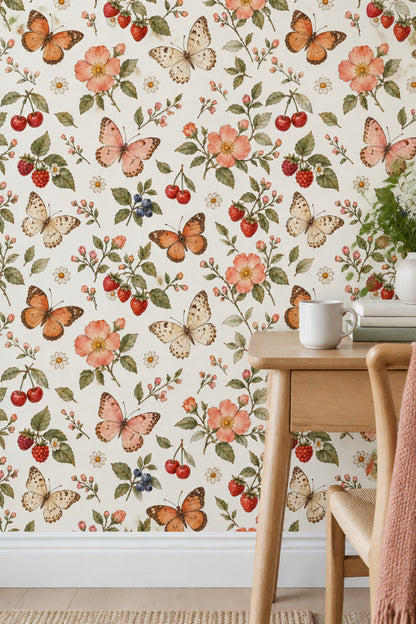 Butterflies And Berries Wallpaper Watercolor Floral On Cream