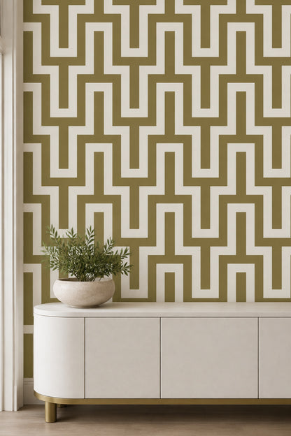 Greek Key Maze Wallpaper Olive Green And Ivory Geometric