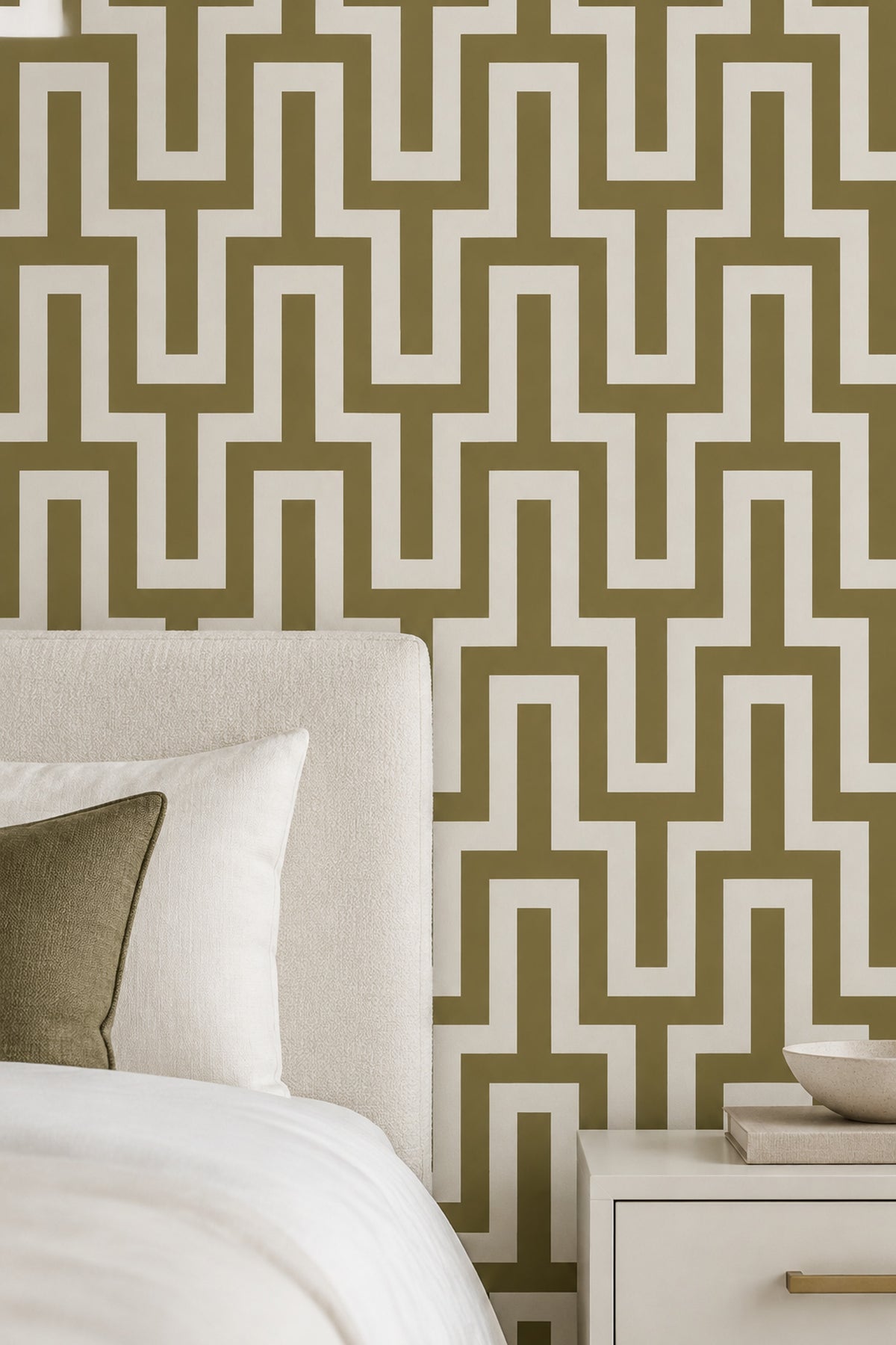 Greek Key Maze Wallpaper Olive Green And Ivory Geometric