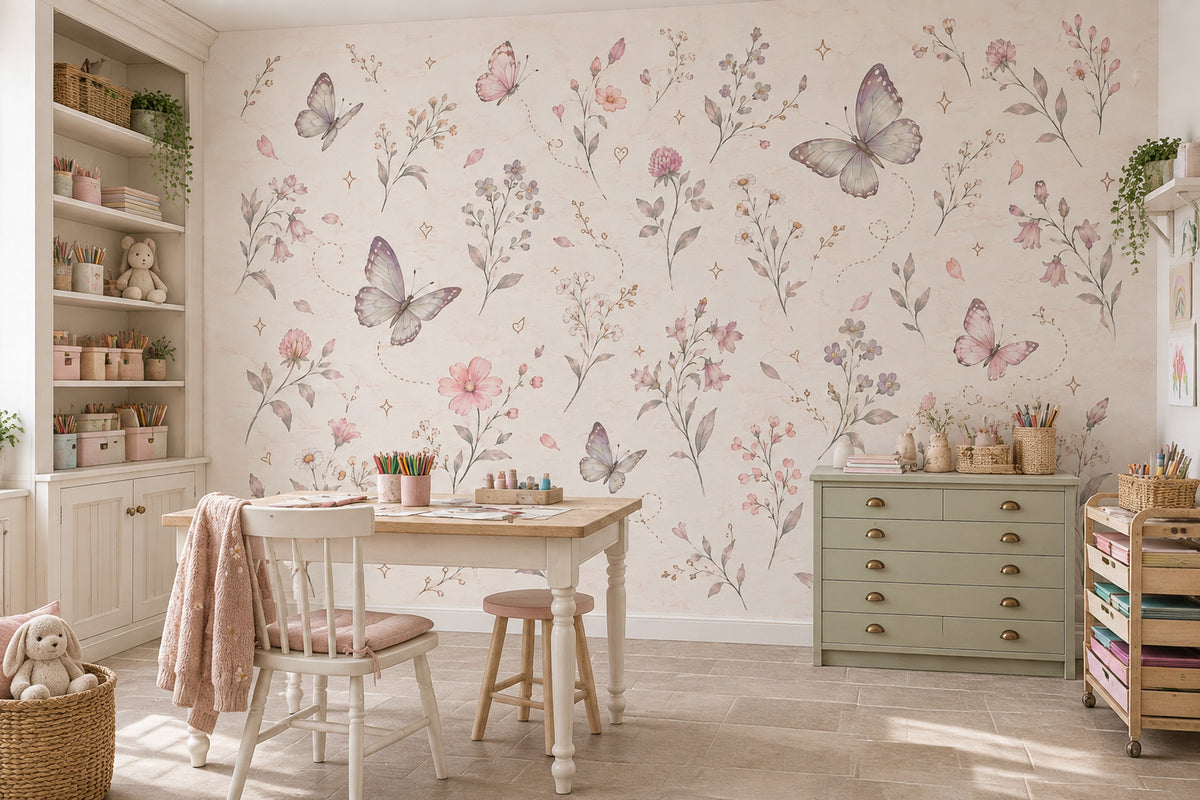 Butterflies And Wildflowers Wallpaper Mural In Pastel Watercolor On Light Cream