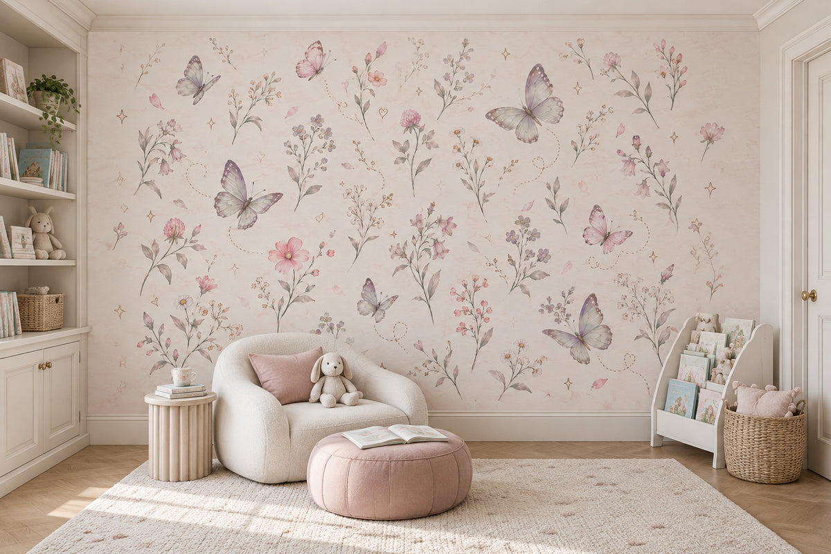 Butterflies And Wildflowers Wallpaper Mural In Pastel Watercolor On Light Cream