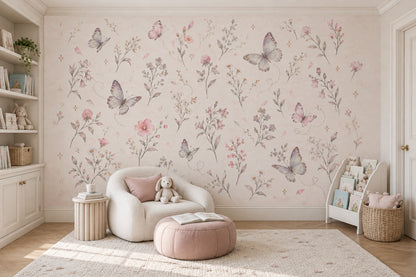 Butterflies And Wildflowers Wallpaper Mural In Pastel Watercolor On Light Cream
