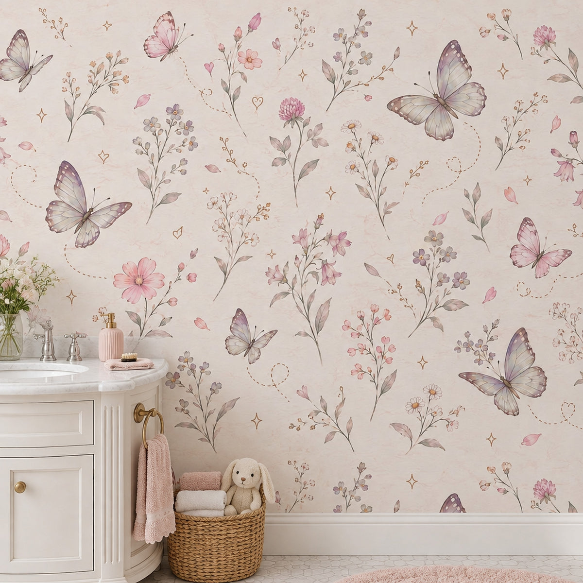 Butterflies And Wildflowers Wallpaper Mural In Pastel Watercolor On Light Cream