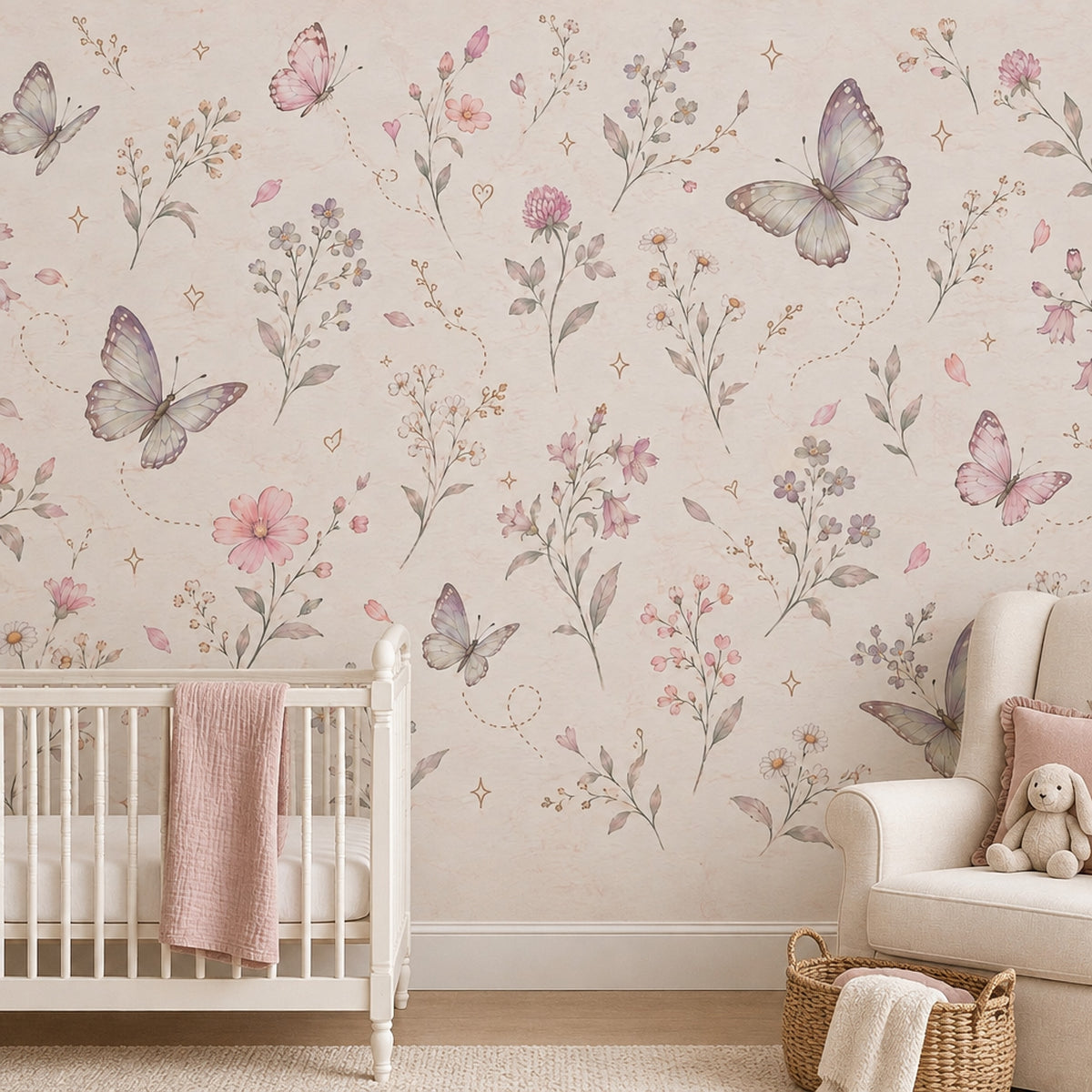 Butterflies And Wildflowers Wallpaper Mural In Pastel Watercolor On Light Cream