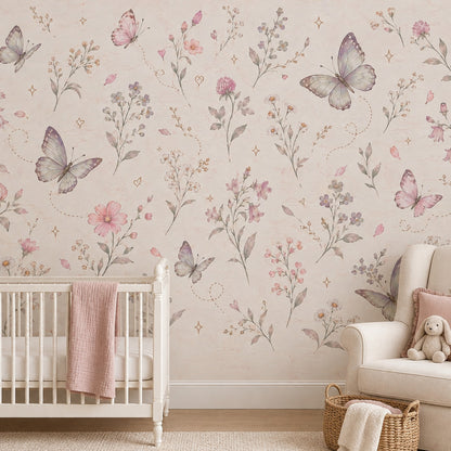 Butterflies And Wildflowers Wallpaper Mural In Pastel Watercolor On Light Cream