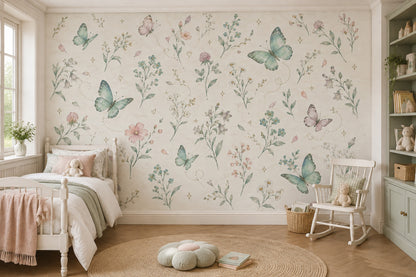 Butterflies And Wildflowers Wallpaper Mural Soft Pastel Watercolor