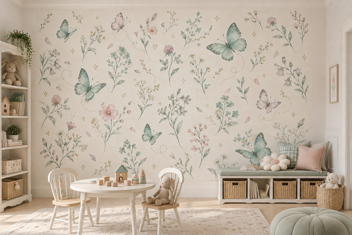 Butterflies And Wildflowers Wallpaper Mural Soft Pastel Watercolor