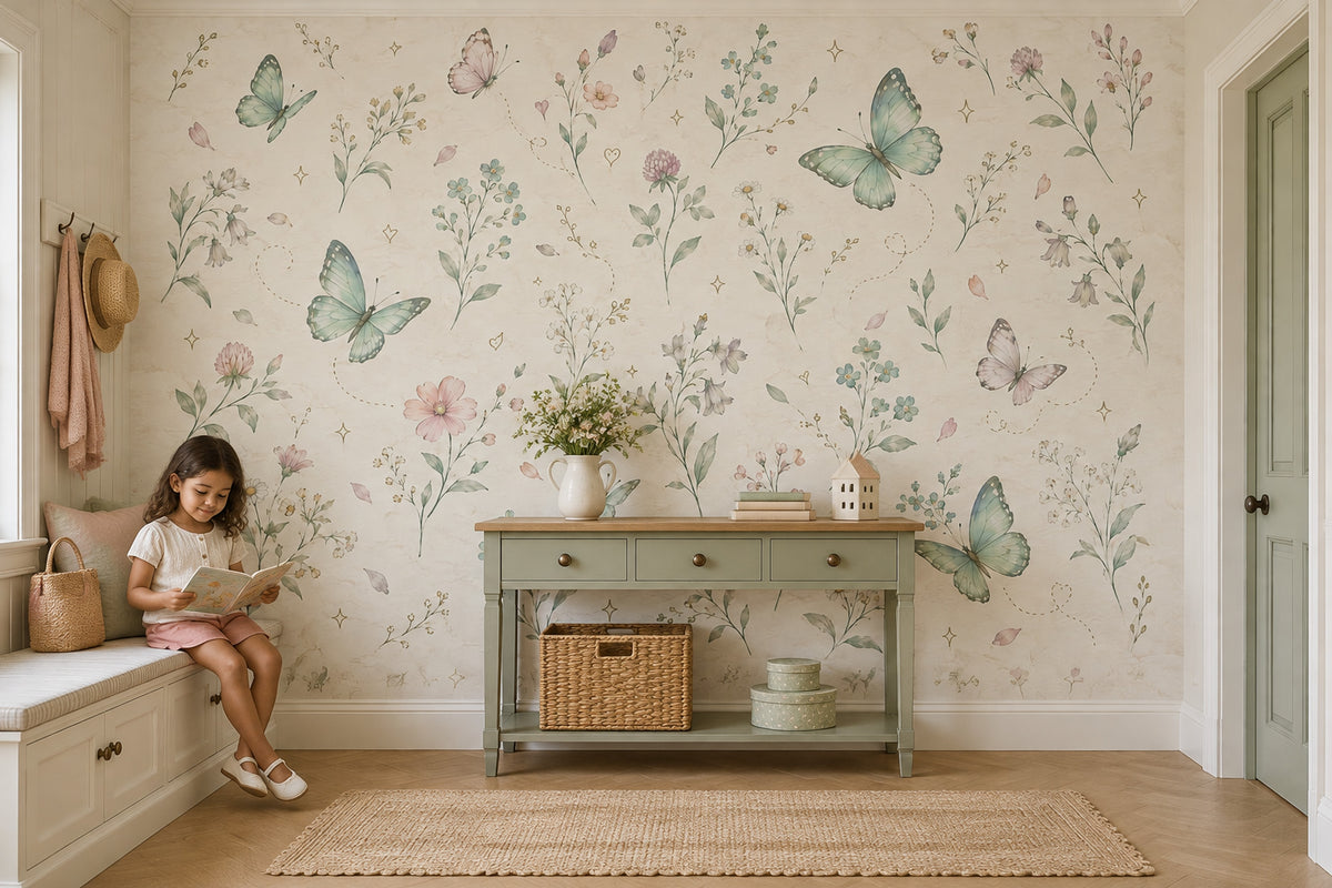 Butterflies And Wildflowers Wallpaper Mural Soft Pastel Watercolor