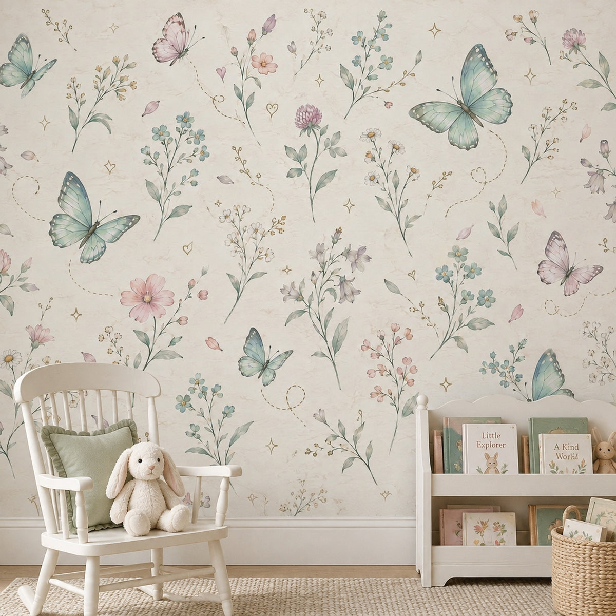 Butterflies And Wildflowers Wallpaper Mural Soft Pastel Watercolor