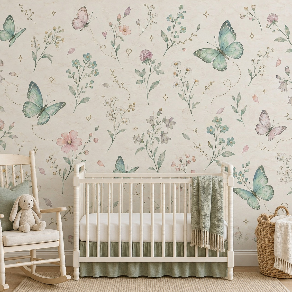 Butterflies And Wildflowers Wallpaper Mural Soft Pastel Watercolor