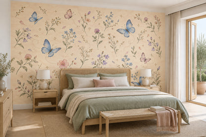 Wildflowers And Pastel Butterflies Wallpaper Mural In Cream Watercolor Style