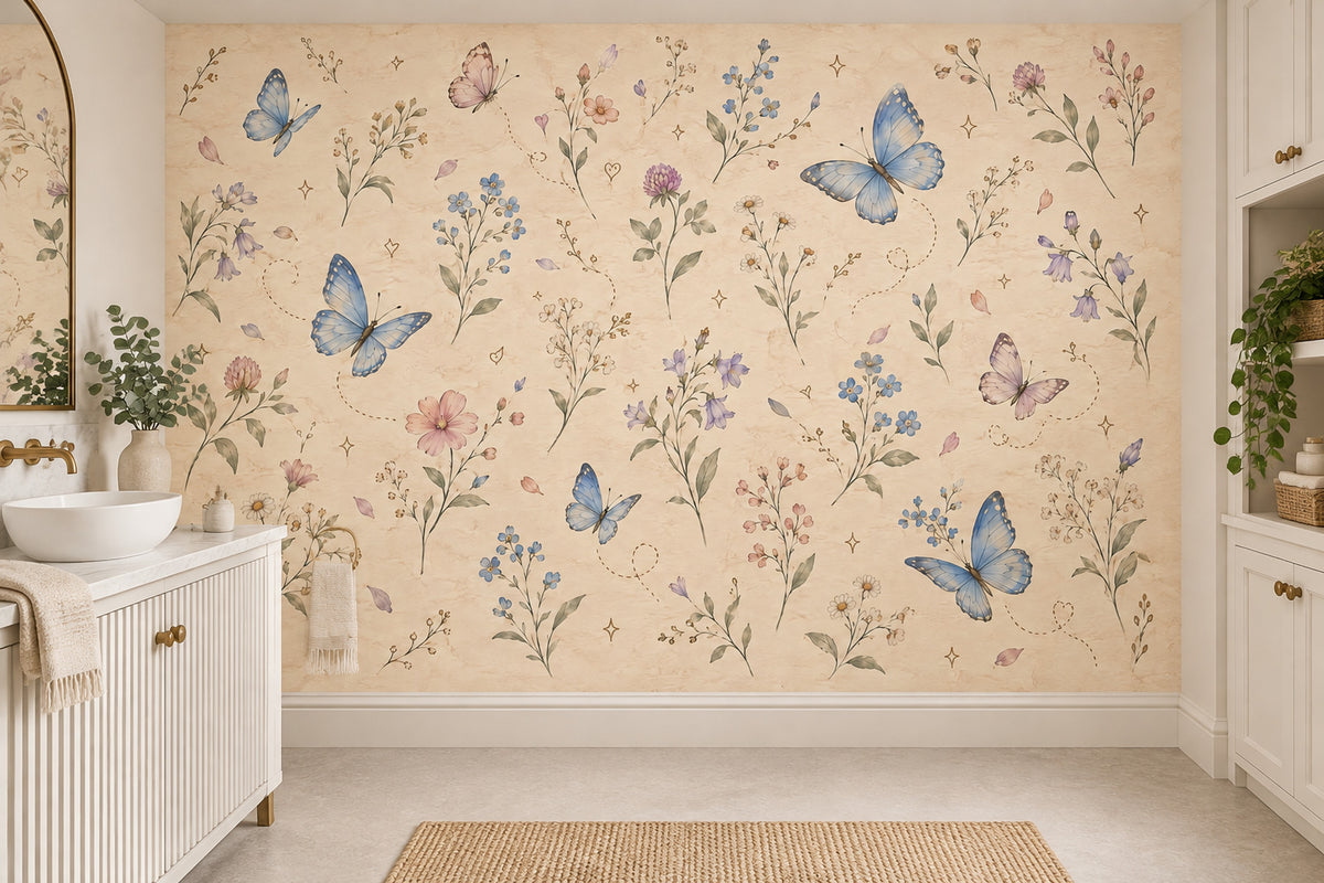 Wildflowers And Pastel Butterflies Wallpaper Mural In Cream Watercolor Style