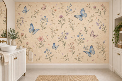 Wildflowers And Pastel Butterflies Wallpaper Mural In Cream Watercolor Style