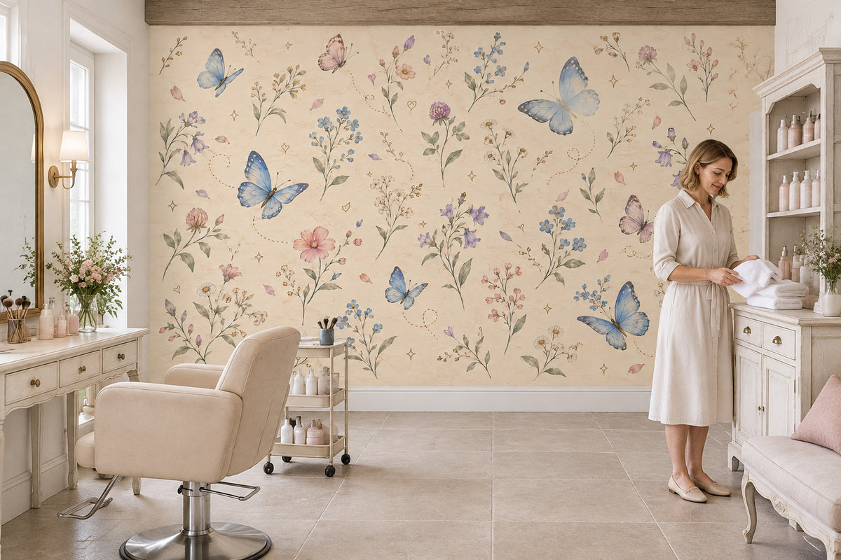 Wildflowers And Pastel Butterflies Wallpaper Mural In Cream Watercolor Style
