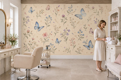 Wildflowers And Pastel Butterflies Wallpaper Mural In Cream Watercolor Style