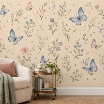 Wildflowers And Pastel Butterflies Wallpaper Mural In Cream Watercolor Style