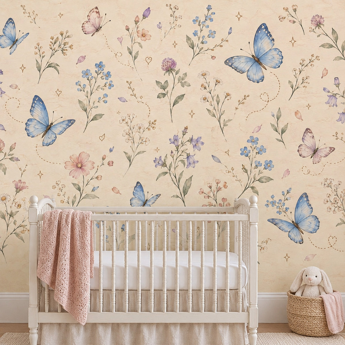 Wildflowers And Pastel Butterflies Wallpaper Mural In Cream Watercolor Style