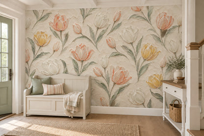 Painted Tulips Wallpaper Mural Cream Background, Textured Botanical Floral