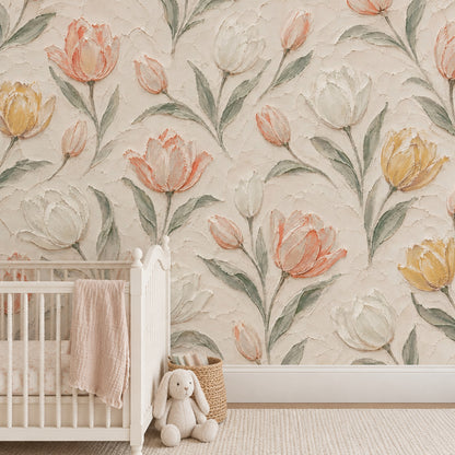 Painted Tulips Wallpaper Mural Cream Background, Textured Botanical Floral