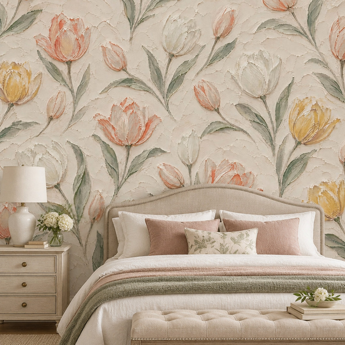 Painted Tulips Wallpaper Mural Cream Background, Textured Botanical Floral
