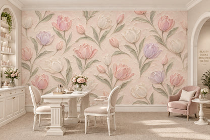 Pastel Tulips Wallpaper Mural In Blush Pink With Textured Oil Paint Effect