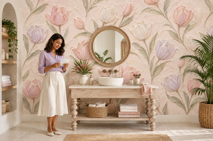 Pastel Tulips Wallpaper Mural In Blush Pink With Textured Oil Paint Effect