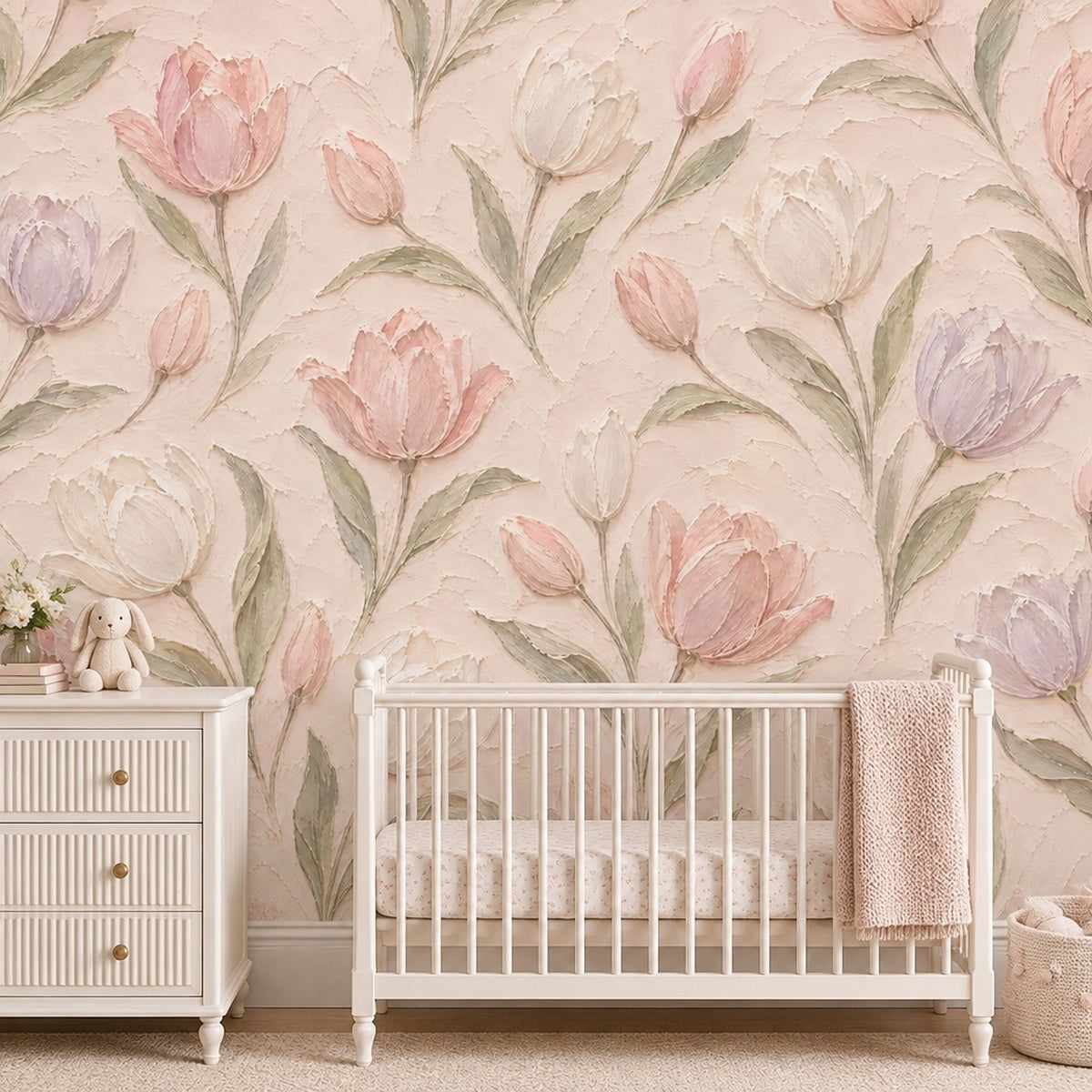 Pastel Tulips Wallpaper Mural In Blush Pink With Textured Oil Paint Effect