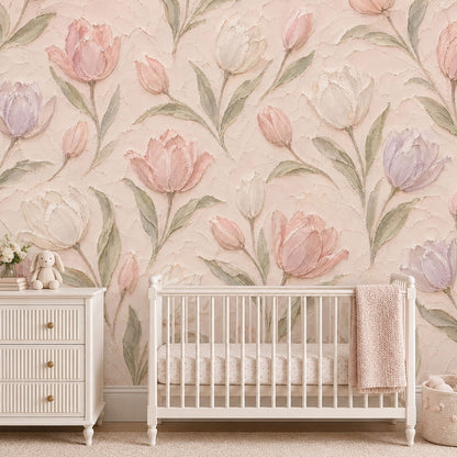 Pastel Tulips Wallpaper Mural In Blush Pink With Textured Oil Paint Effect
