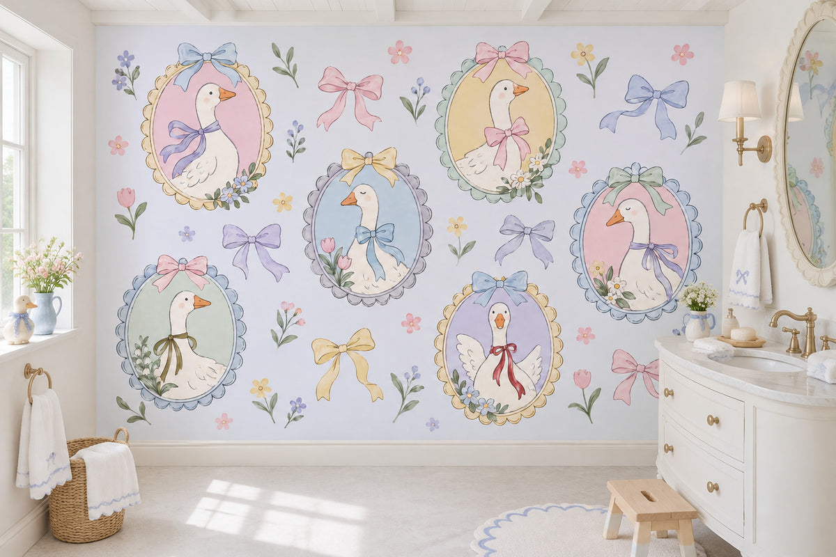 Pastel Geese Portraits Wallpaper Mural Blue Watercolor Cameos