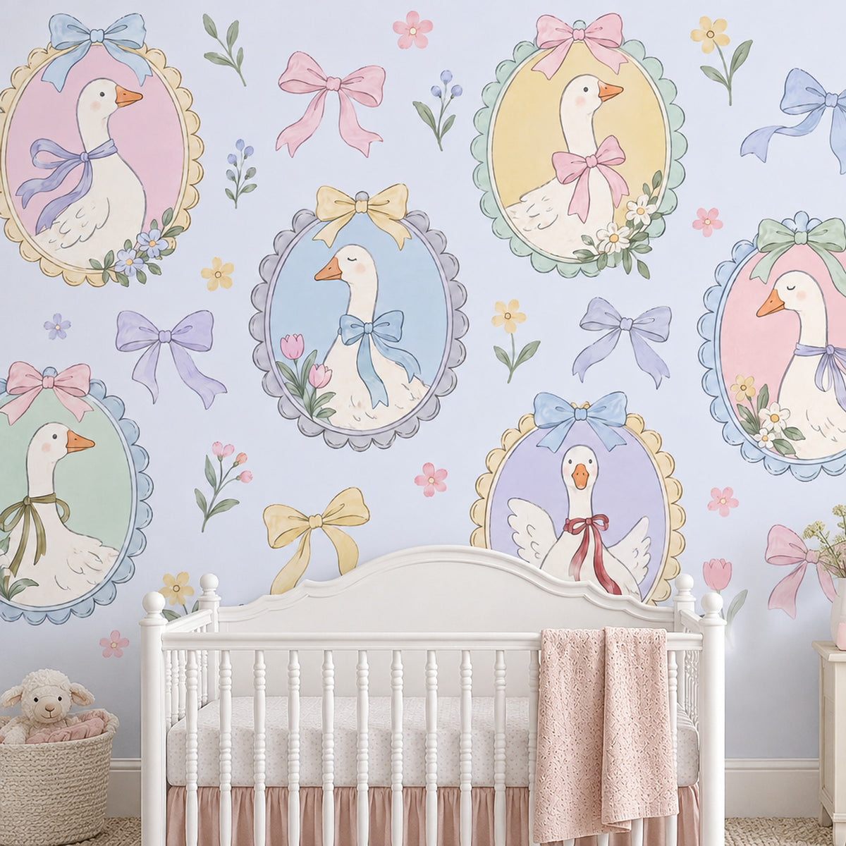 Pastel Geese Portraits Wallpaper Mural Blue Watercolor Cameos