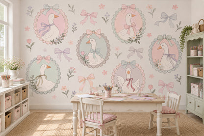 Bow Tied Geese Wallpaper Mural Cream Pastel Vintage Inspired Cameo Frames