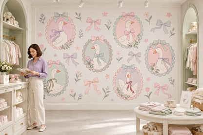 Bow Tied Geese Wallpaper Mural Cream Pastel Vintage Inspired Cameo Frames