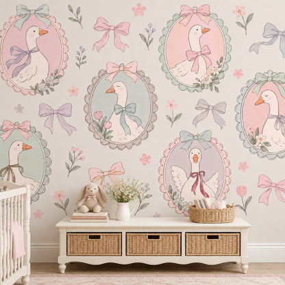 Bow Tied Geese Wallpaper Mural Cream Pastel Vintage Inspired Cameo Frames