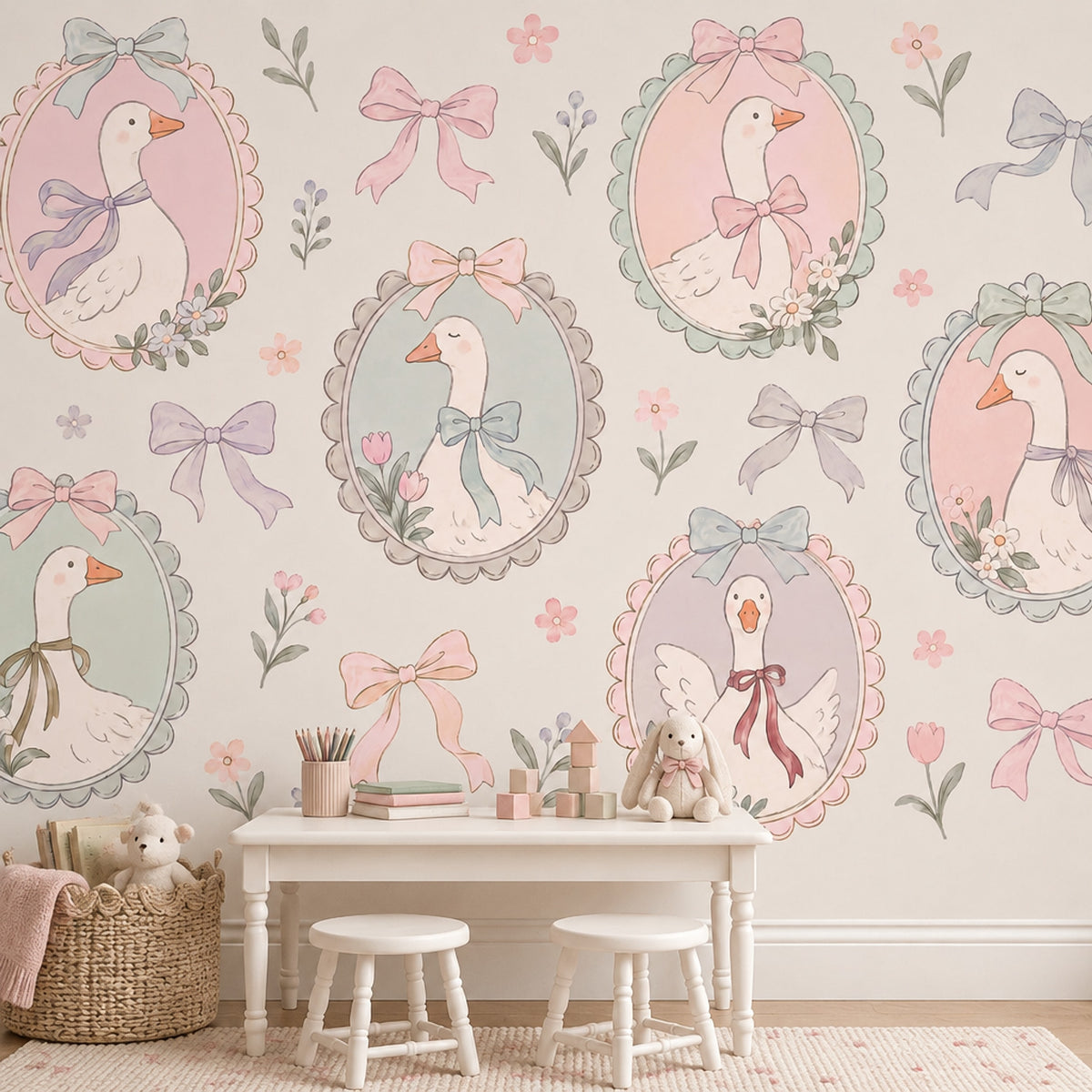 Bow Tied Geese Wallpaper Mural Cream Pastel Vintage Inspired Cameo Frames