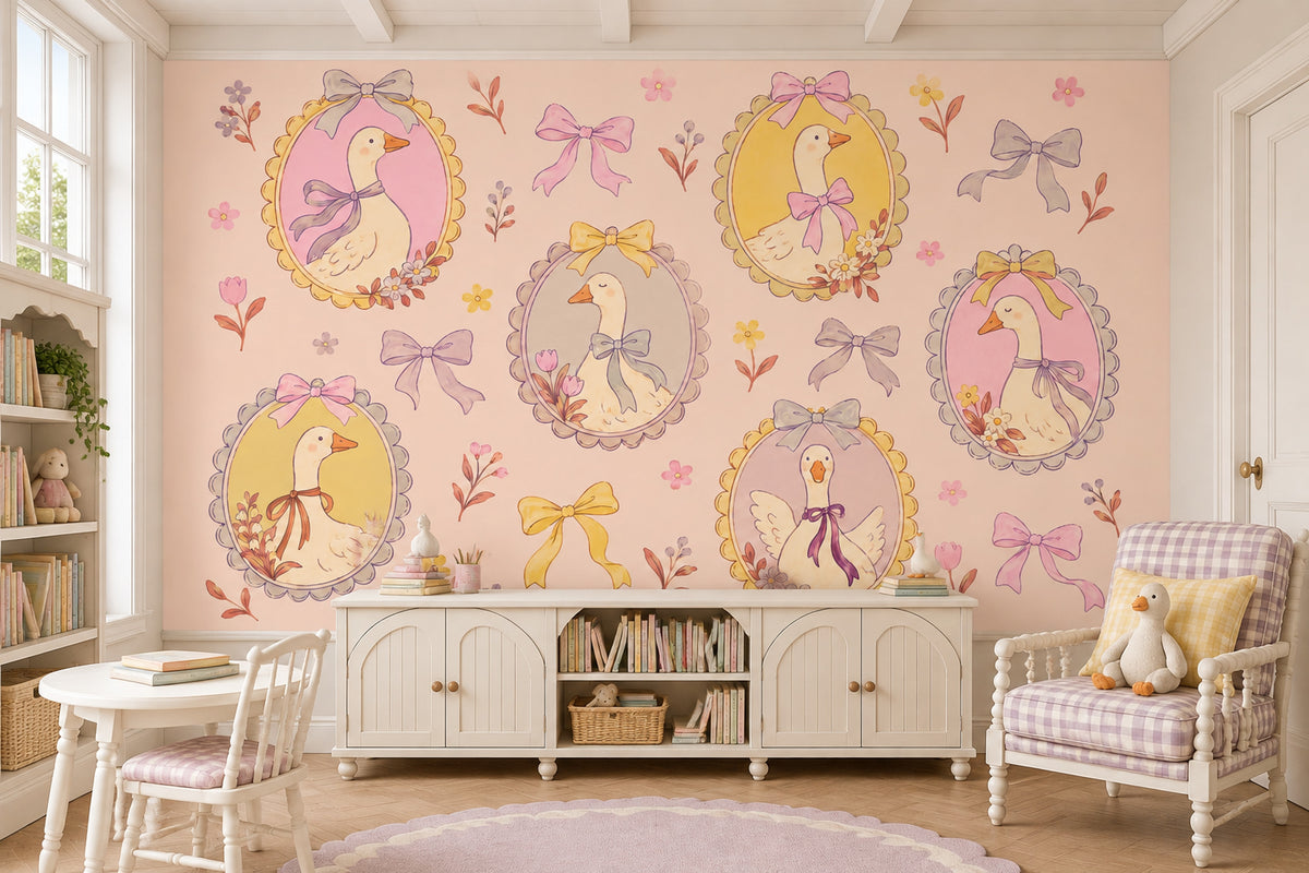 Framed Goose Portraits Wallpaper Mural Pastel Pink Watercolor