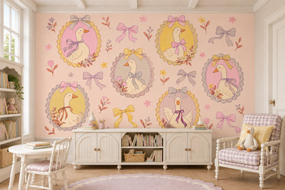 Framed Goose Portraits Wallpaper Mural Pastel Pink Watercolor
