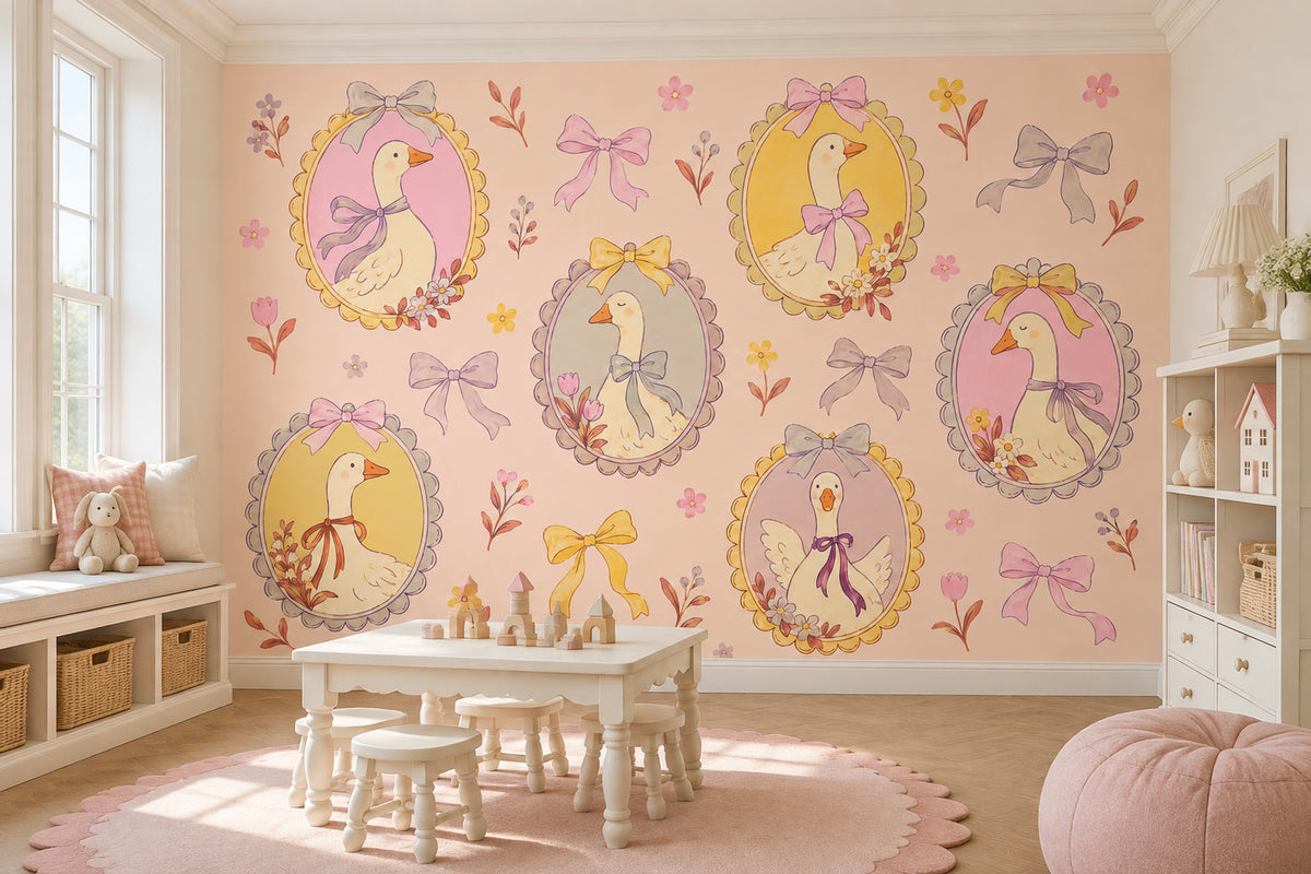 Framed Goose Portraits Wallpaper Mural Pastel Pink Watercolor