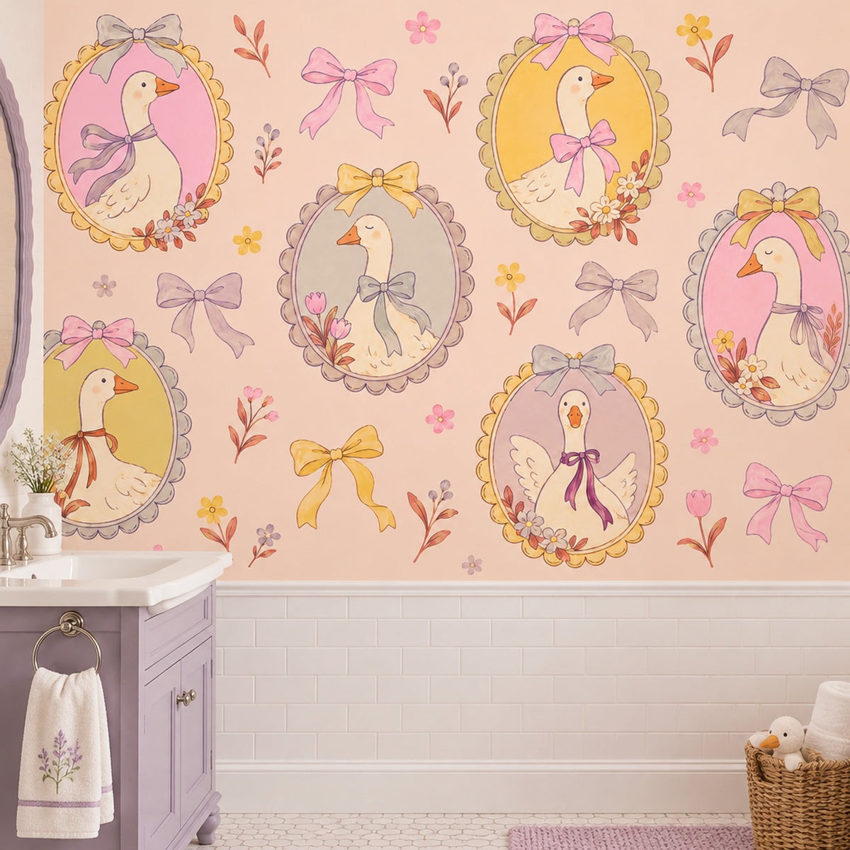 Framed Goose Portraits Wallpaper Mural Pastel Pink Watercolor