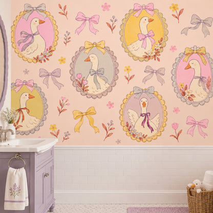 Framed Goose Portraits Wallpaper Mural Pastel Pink Watercolor