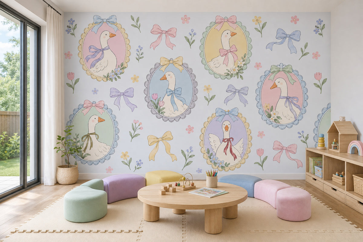 Pastel Geese Portraits Wallpaper Mural Blue Watercolor Cameos