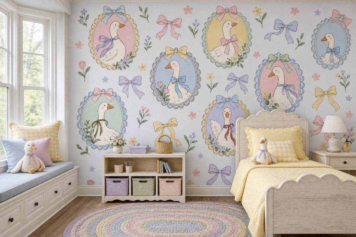 Pastel Geese Portraits Wallpaper Mural Blue Watercolor Cameos